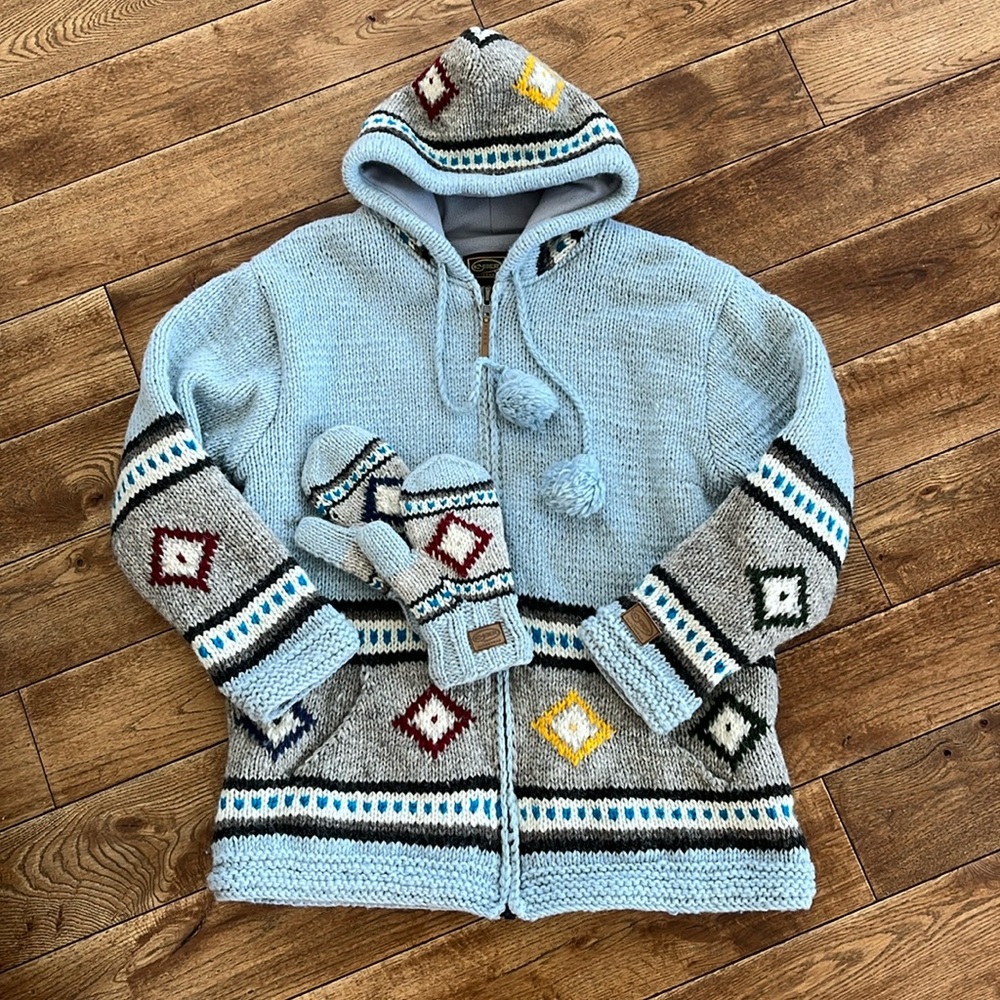 EUC Women’s Wool Lined Zip-Up Sweater Jacket with Mittens